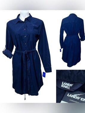 Lands' End Corduroy sz L blue Button-Front Tie-Waist knee length cotton office